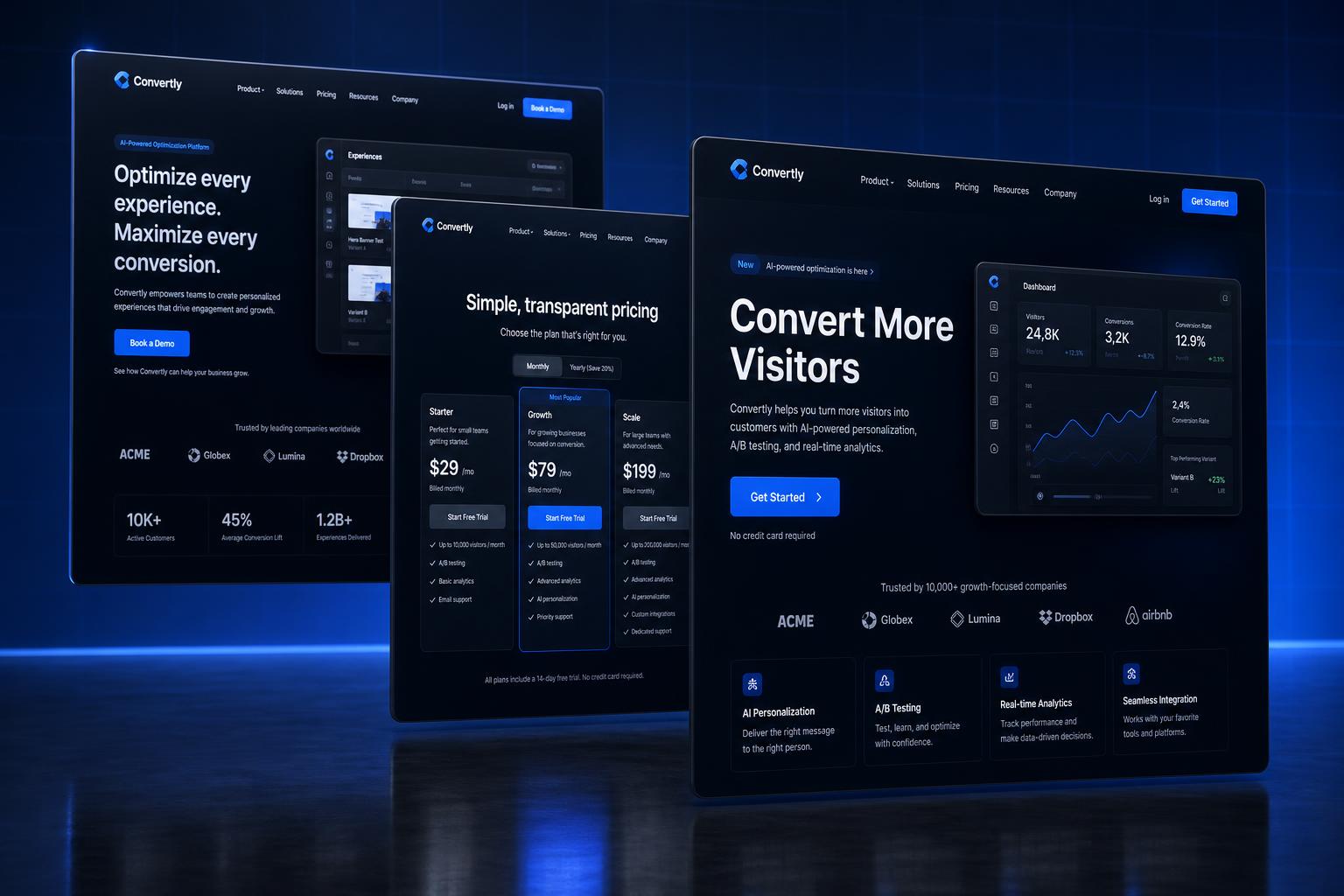 Custom funnel and landing page mockups designed for paid traffic conversion